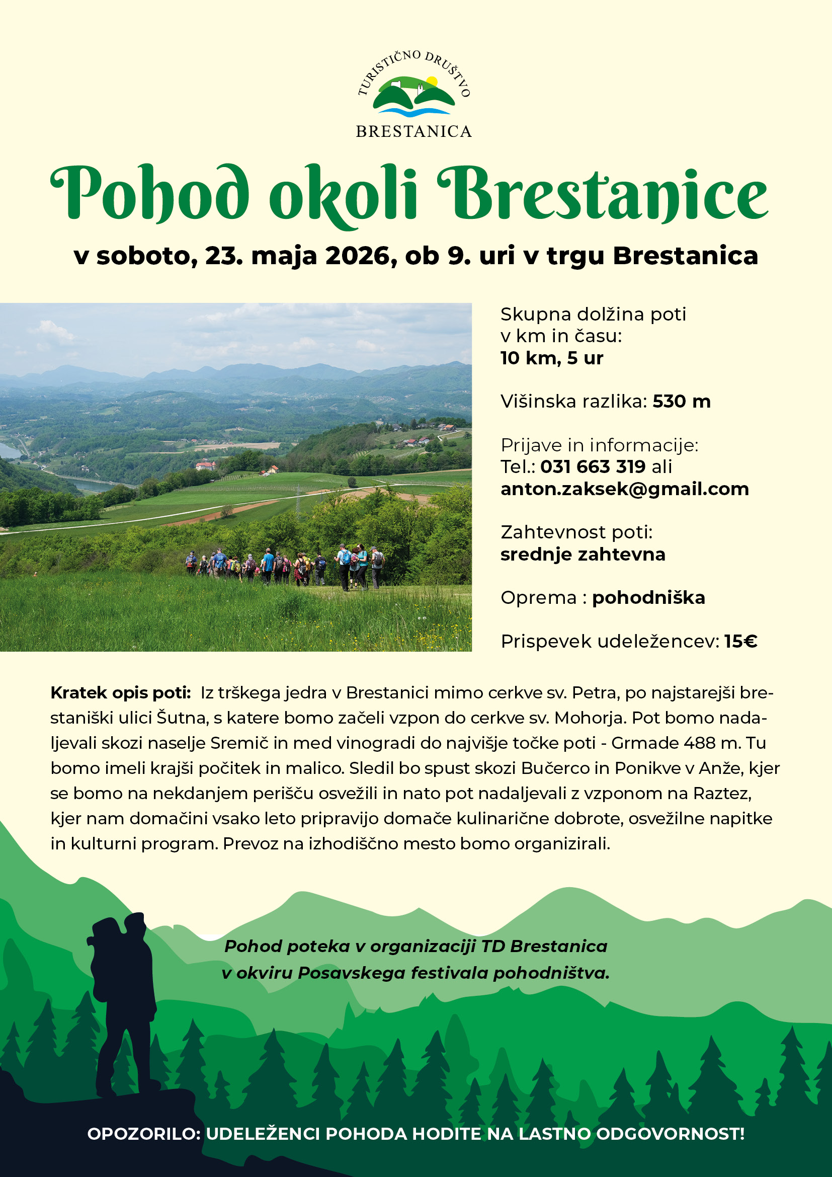 Vabilo na pohod okoli Brestanice, ki bo v soboto, 23. maja 2026. Start ob 9. uri na Trgu Brestanica.